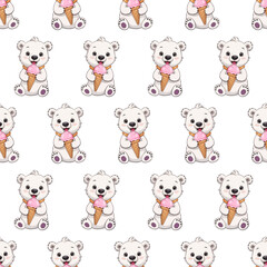 Seamless pattern with polar bear and waffle ice cream cone