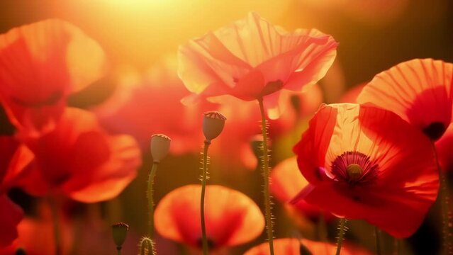 A of ruby red poppies their papery petals illuminated by the golden backlight.