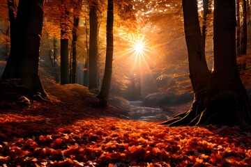 Beautiful autumn forest scenery with a bright