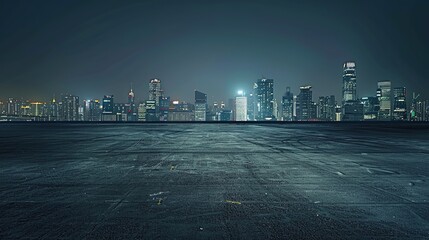 empty concrete floor in the foreground, city skyline at night