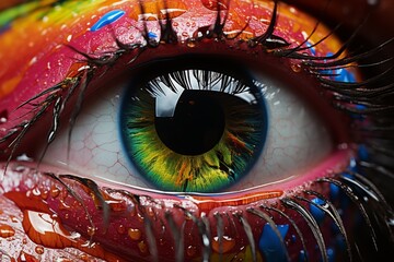 An extreme close up of a human eye surrounded by vibrant splashes and drips of colorful paint and ink. - obrazy, fototapety, plakaty