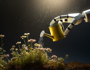A robot hand using a tiny watering can to nurture a small patch of wildflowers, highlighting the potential for AI to contribute to conservation efforts, with a focus on the water droplets and blossoms