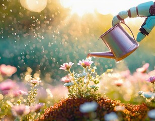 A robot hand using a tiny watering can to nurture a small patch of wildflowers, highlighting the potential for AI to contribute to conservation efforts, with a focus on the water droplets and blossoms - obrazy, fototapety, plakaty