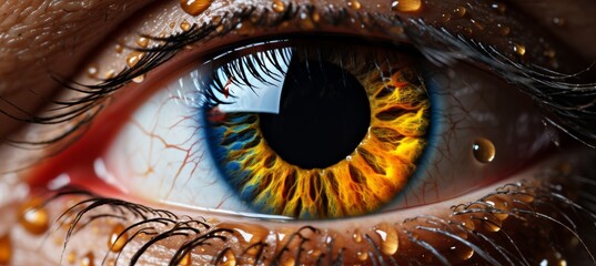 A close up of a human eye with vibrant paint and ink splashes adorning the surrounding area - obrazy, fototapety, plakaty
