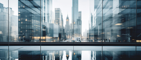 A bustling cityscape is magically captured in the reflective surface of a glass wall, showcasing the essence of urban life. Business and finance intertwine in an abstract background design