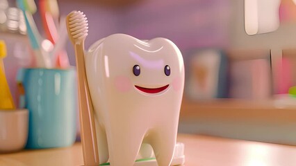 Aa toothbrush and a smiling tooth against a background of toothbrushes. The concept of oral care and a joyful lifestyle.