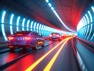 A car is driving down a tunnel with other cars in the background. The tunnel is illuminated with bright lights, creating a sense of excitement and energy. The cars are moving quickly