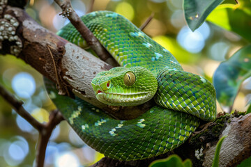 White-lipped tree viper coiled around tree branch