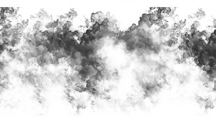 A black and white image of a cloud with a white background. The cloud is very thick and he is stormy. Scene is dark and ominous, with the stormy clouds looming over the white background