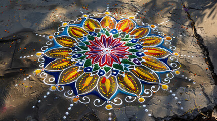Fototapeta premium A vibrant rangoli design made with flower petals and colored powder on a sunny day showcasing traditional Indian art