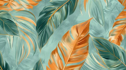 Beautiful abstract color of green and orange feathers, soft texture of feathers