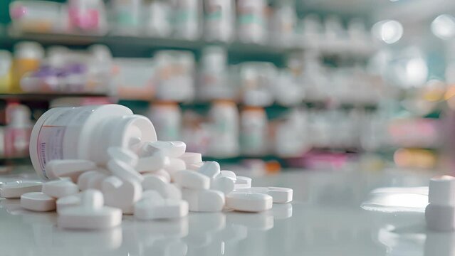 Spilled pills on pharmacy counter. Healthcare and medicine concept.