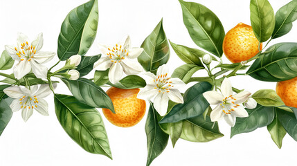botanical illustration of Citrus Auran Antique nature color image: Erythroxylon coca Citrus aurantium Bitter orange, Seville orange, sour orange, Generative Ai - obrazy, fototapety, plakaty