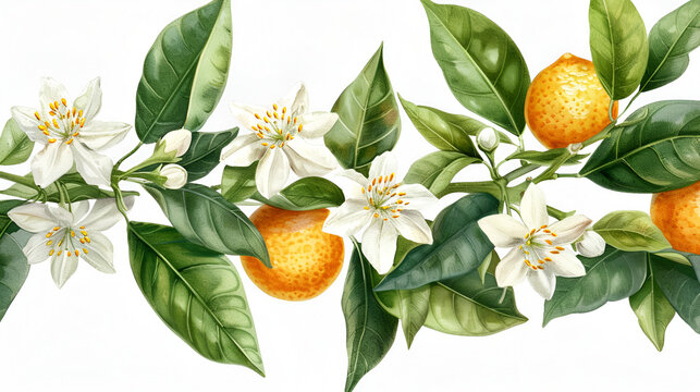 botanical illustration of Citrus Auran Antique nature color image: Erythroxylon coca Citrus aurantium Bitter orange, Seville orange, sour orange, Generative Ai