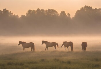 Fototapeta na wymiar Untitled deHorses on a foggy late summer morning in the pasture in the fog. Landscape shot with horses in the pasture on an early late summer morning at sunrise with morning fog in the background