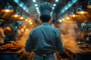 Professional chef standing with his back to the camera in a commercial kitchen