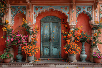 Fototapeta na wymiar Door of the house with flowers. Created with Ai