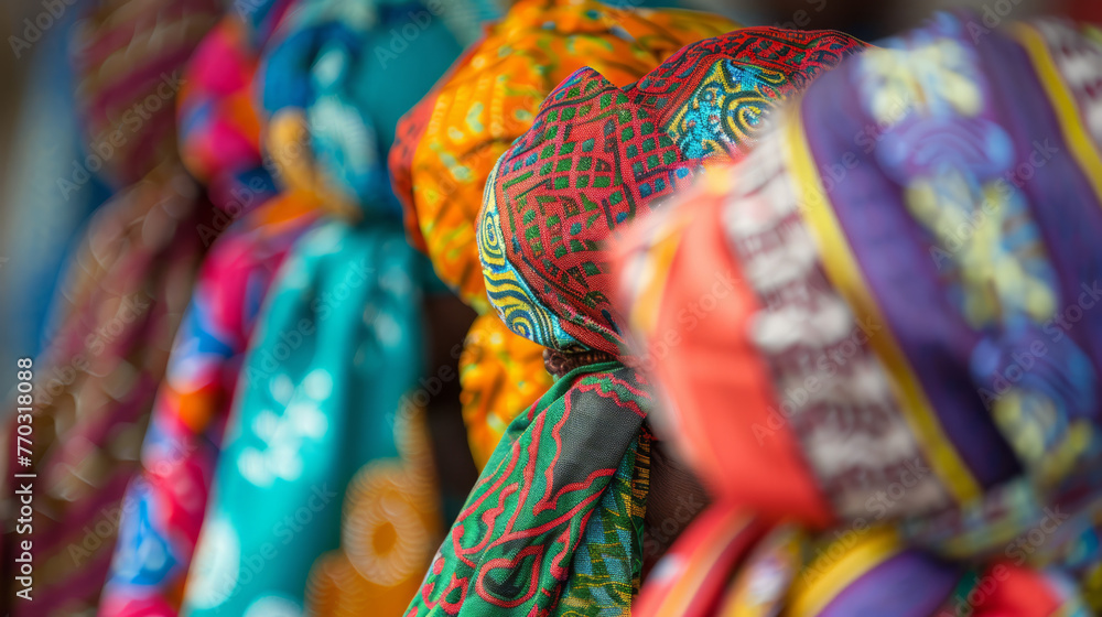 Poster an array of vividly printed african headwraps in close view, emphasizing the diverse patterns and co