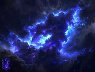 A blue sky with a purple cloud in the middle. The sky is filled with stars and the cloud is very large