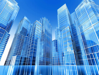 A city skyline with tall buildings and a clear blue sky. The buildings are made of glass and are very tall. The sky is clear and bright, giving the impression of a sunny day