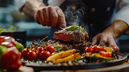 Male Chef Preparing Juicy Beef Steak and Grilled Vegetables: Male chef prepares and serves delicious medium-rare steak and grilled vegetables. Healthy and special foods are prepared in a professional 