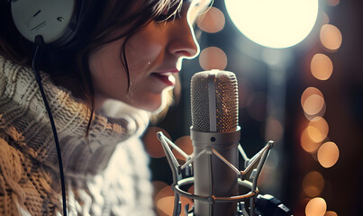 woman wearing a white sweater, wearing headphones and singing into a microphone in a recording...
