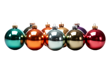 Row of Shiny Christmas Ornaments on White Background. On a White or Clear Surface PNG Transparent Background.