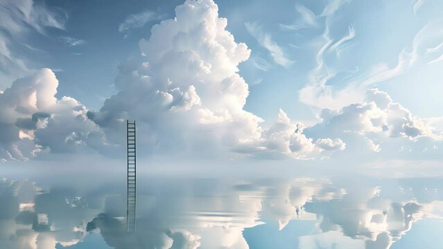 Ladder leading to clouds above reflective water. Concept of dreams and endless possibilities.