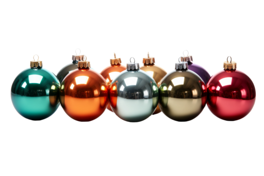 Row of Shiny Christmas Ornaments on White Background. On a White or Clear Surface PNG Transparent Background.