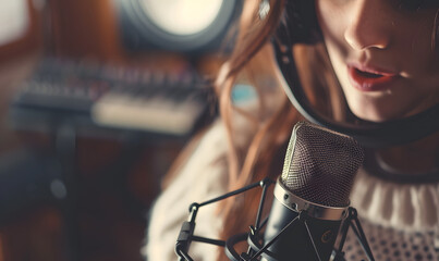 woman wearing a white sweater, wearing headphones and singing into a microphone in a recording...