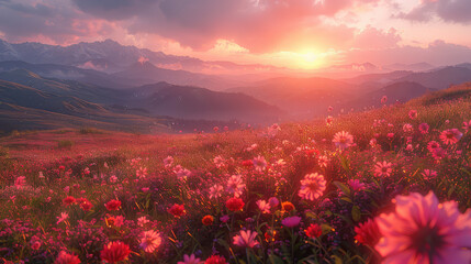 Sunset in the mountains with pink flowers. Created with Ai