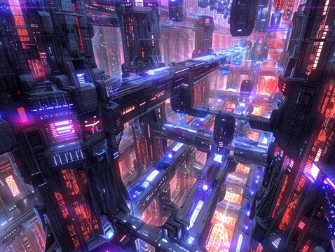 A futuristic cityscape with neon lights and buildings. Scene is futuristic and vibrant