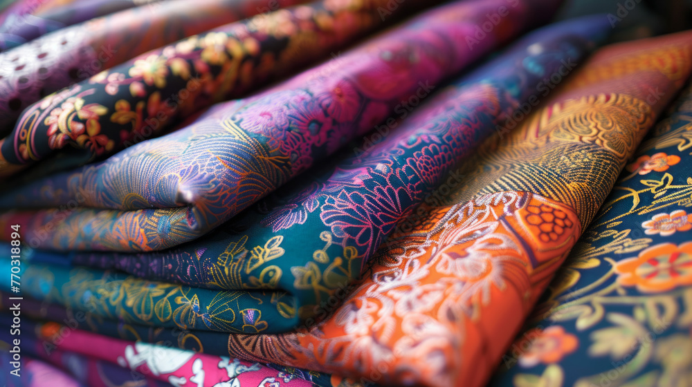 Poster close-up of a collection of decorative patterned fabrics showcasing intricate designs and textures