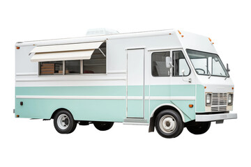 White and Blue Food Truck With Awning. On a White or Clear Surface PNG Transparent Background.
