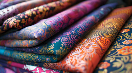 Close-up of a collection of decorative patterned fabrics showcasing intricate designs and textures