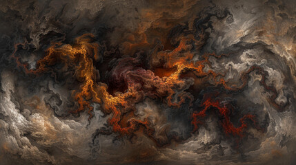 A painting of a fiery, swirling cloud of smoke and fire. The colors are dark and intense, creating a mood of chaos and destruction. The painting is abstract, with no clear subject or focal point - obrazy, fototapety, plakaty