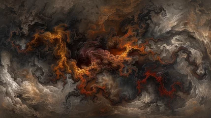 Foto op Plexiglas A painting of a fiery, swirling cloud of smoke and fire. The colors are dark and intense, creating a mood of chaos and destruction. The painting is abstract, with no clear subject or focal point © Дмитрий Симаков