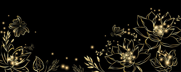 Golden botany banner. Japanese style Hand drawn vector. Line art style design. Oriental Chinese and Japanese style abstract background design with butterfly and insect decorate in gold color texture.