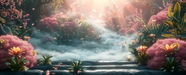 Fototapeta premium Avant-garde 3D for product render of an abstract, geometrically fragmented podium garden with holographic, fractal-patterned plants swirling in a dynamic, digital wind magic forest art background