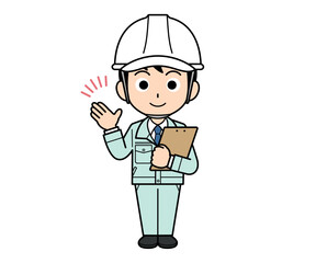 バインダーを持って案内する現場監督の男性