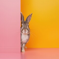 Rabbit Peeking Out From Behind Pink and yellow Wall.