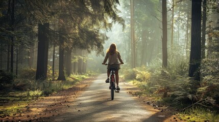 Young woman cycling in forest