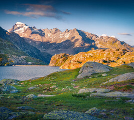 Incredible summer sunrise on Totensee lake. Green morning landscape of Grimselpass, Switzerland, Europe. Spectacular outdoor scene of Swiss Alps, Bern canton. Beauty of nature concept background..