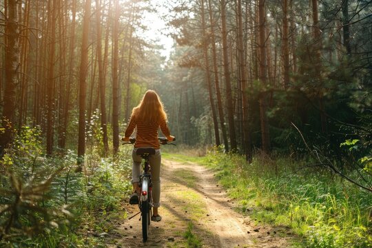 Young woman cycling in forest
