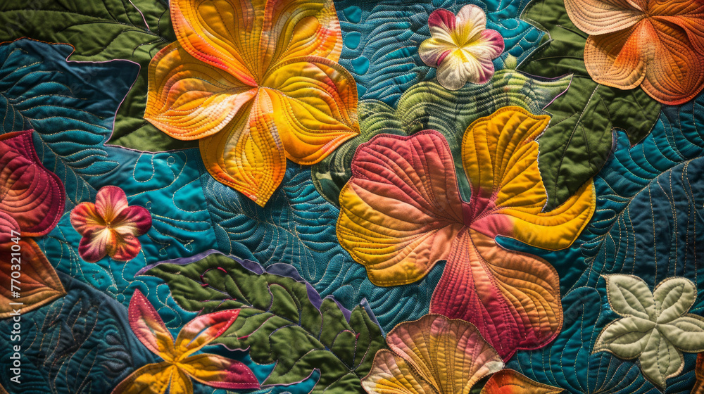 Poster this image showcases a close-up of a colorful quilt with intricate stitching patterns and floral des