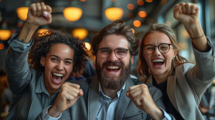 Joyful business people and colleagues cheering and celebrating a victory or success in a corporate environment with a warm, blurred background.