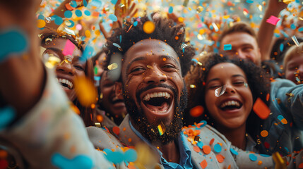 Joyful business people and colleagues cheering and celebrating a victory or success in a corporate environment with a warm, blurred background. - obrazy, fototapety, plakaty
