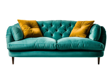 Blue Couch With Two Yellow Pillows. On a White or Clear Surface PNG Transparent Background.