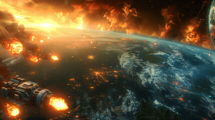 A space battle is taking place with a large planet in the background. The sun is setting, casting a warm glow over the scene. The explosions and fire are creating a sense of chaos and destruction