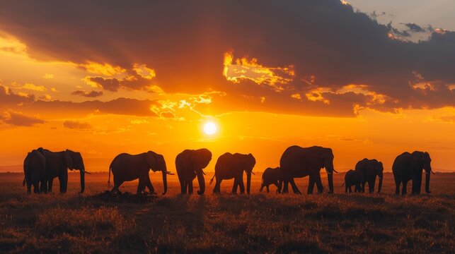 A herd of elephants silhouetted against a dramatic sunset in the African savanna